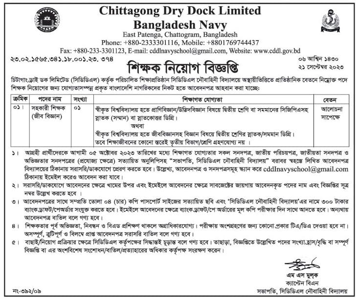 Chittagong Dry Dock Limited Job Circular 2023
